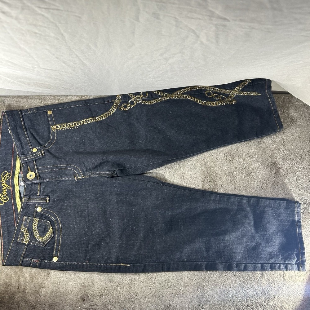 Coogi Men's Dark Wash Denim Jeans Size 28 Gold Chain Embroidery Y2K Streetwear